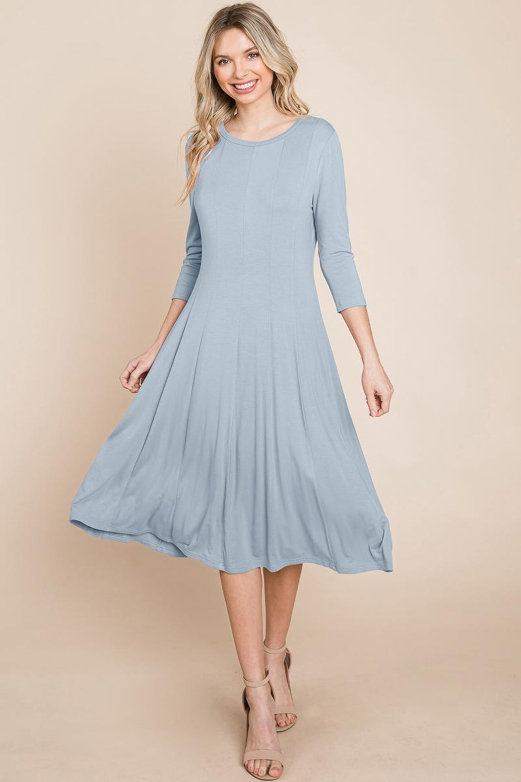 Pleated 3/4 Sleeve A Line Flare Midi Jersey Dress
