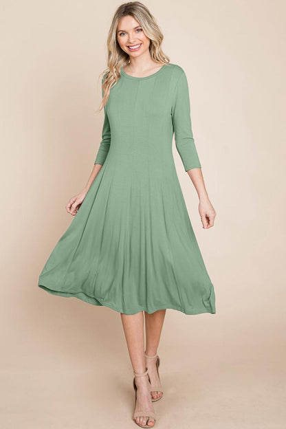 Pleated 3/4 Sleeve A Line Flare Midi Jersey Dress