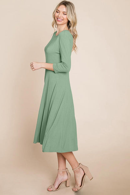 Pleated 3/4 Sleeve A Line Flare Midi Jersey Dress