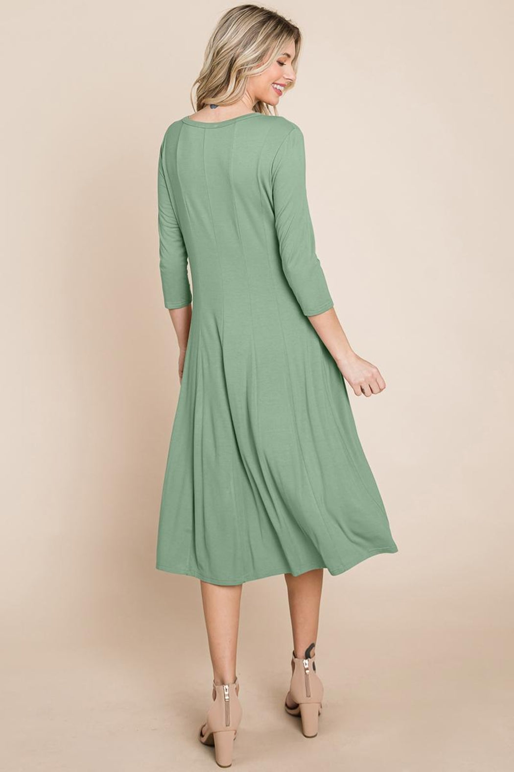 Pleated 3/4 Sleeve A Line Flare Midi Jersey Dress