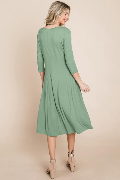 Pleated 3/4 Sleeve A Line Flare Midi Jersey Dress