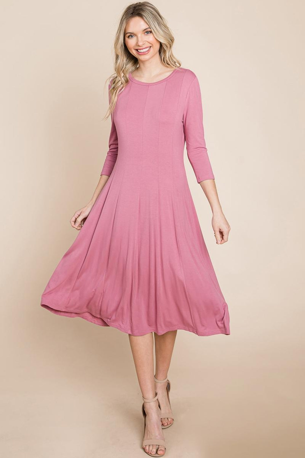 Pleated 3/4 Sleeve A Line Flare Midi Jersey Dress