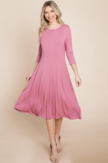 Pleated 3/4 Sleeve A Line Flare Midi Jersey Dress