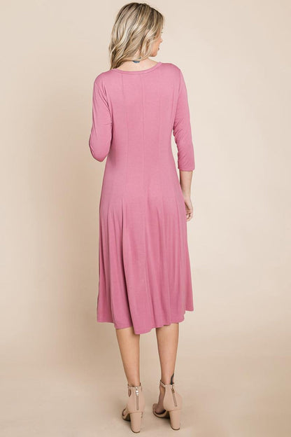 Pleated 3/4 Sleeve A Line Flare Midi Jersey Dress