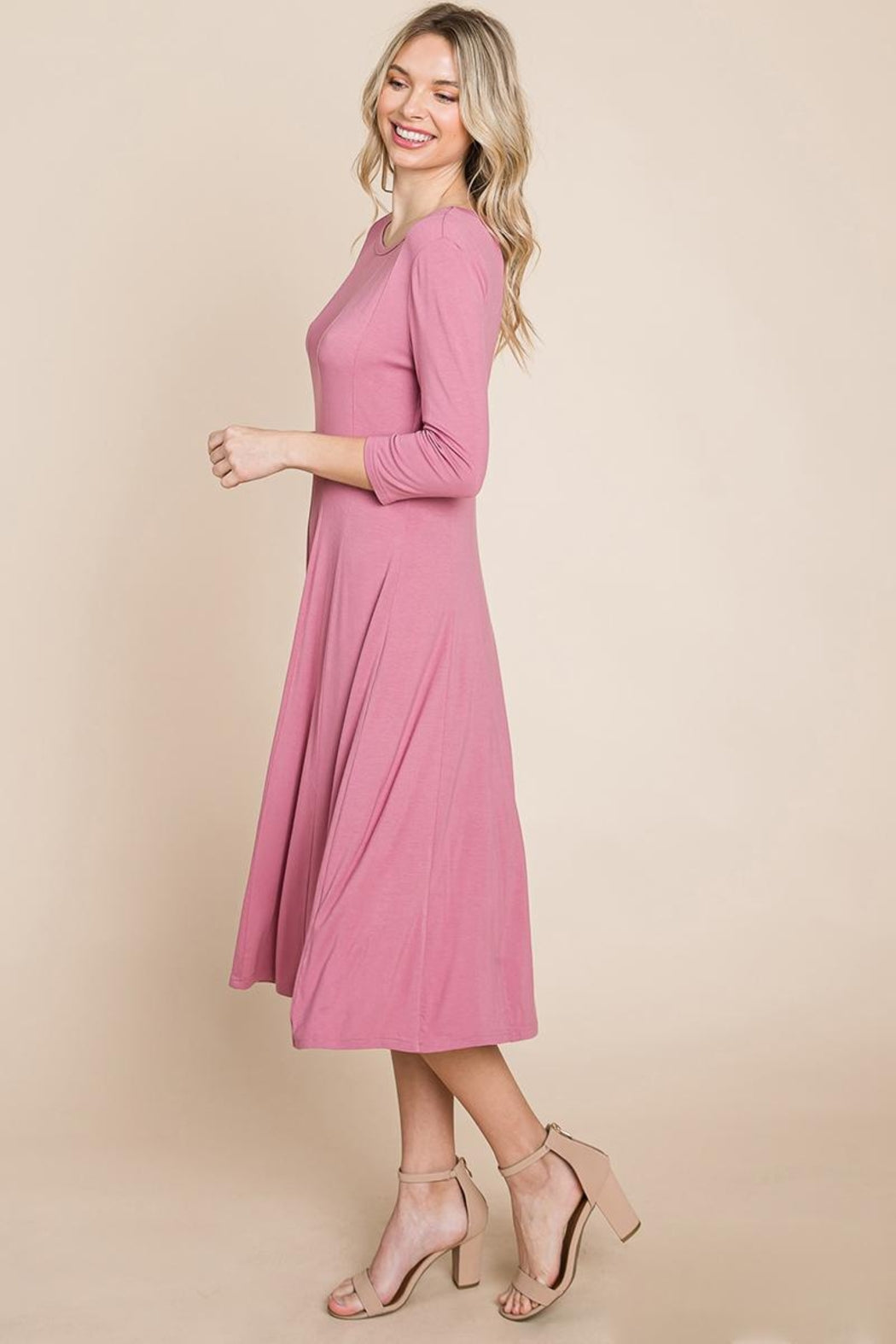Pleated 3/4 Sleeve A Line Flare Midi Jersey Dress