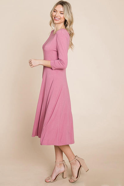 Pleated 3/4 Sleeve A Line Flare Midi Jersey Dress
