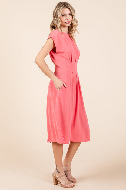 Pleated A Line Cap Sleeve Pocketed Midi Dress