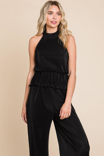 Pleated Backless Halter Tank & Wide Leg Pants Sets