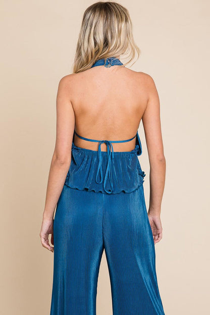 Pleated Backless Halter Tank & Wide Leg Pants Sets