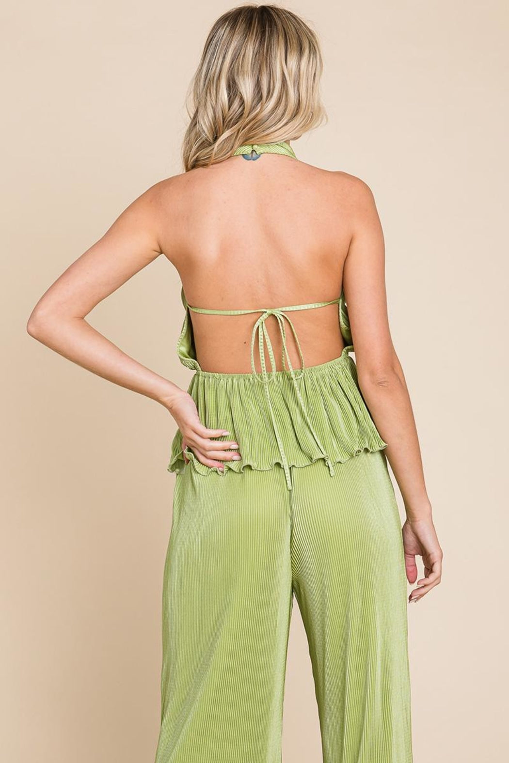 Pleated Backless Halter Tank & Wide Leg Pants Sets