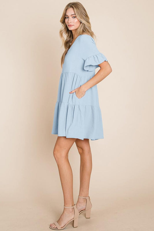 Pleated Flutter Ruffle Sleeve Layered Tiered Dress