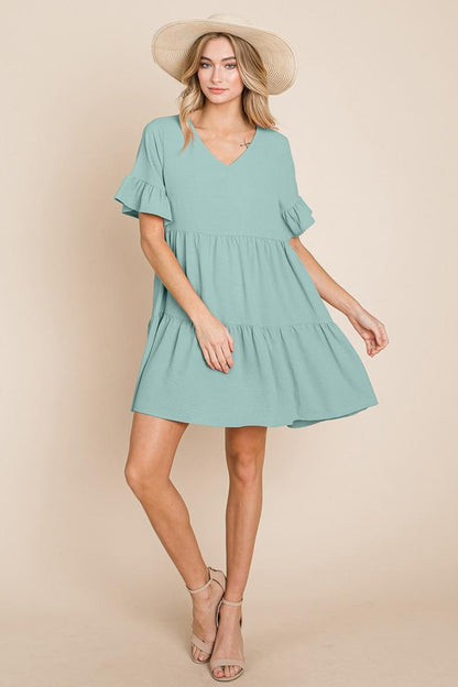 Pleated Flutter Ruffle Sleeve Layered Tiered Dress