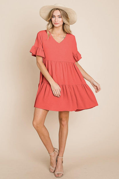 Pleated Flutter Ruffle Sleeve Layered Tiered Dress