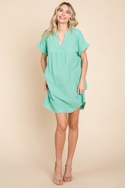 Plus Gauze Raw Edge V Neck Pocket Shift Mini Dress