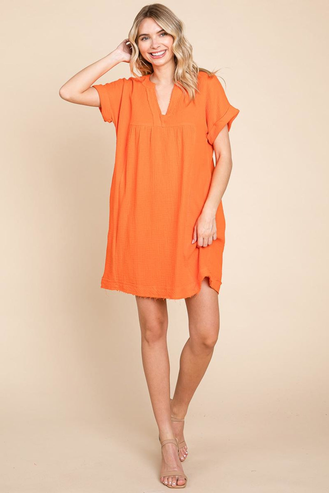 Plus Gauze Raw Edge V Neck Pocket Shift Mini Dress