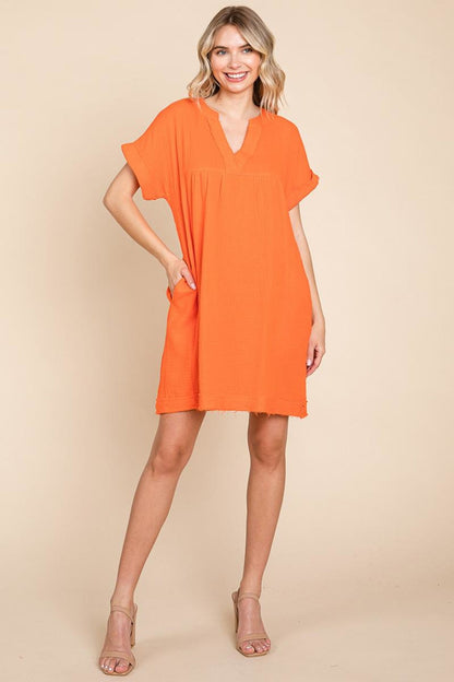 Plus Gauze Raw Edge V Neck Pocket Shift Mini Dress