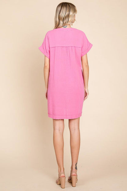 Plus Gauze Raw Edge V Neck Pocket Shift Mini Dress