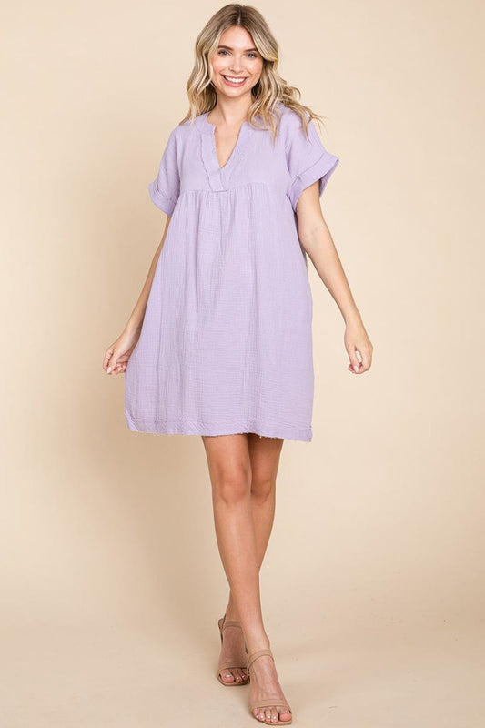 Plus Gauze Raw Edge V Neck Pocket Shift Mini Dress