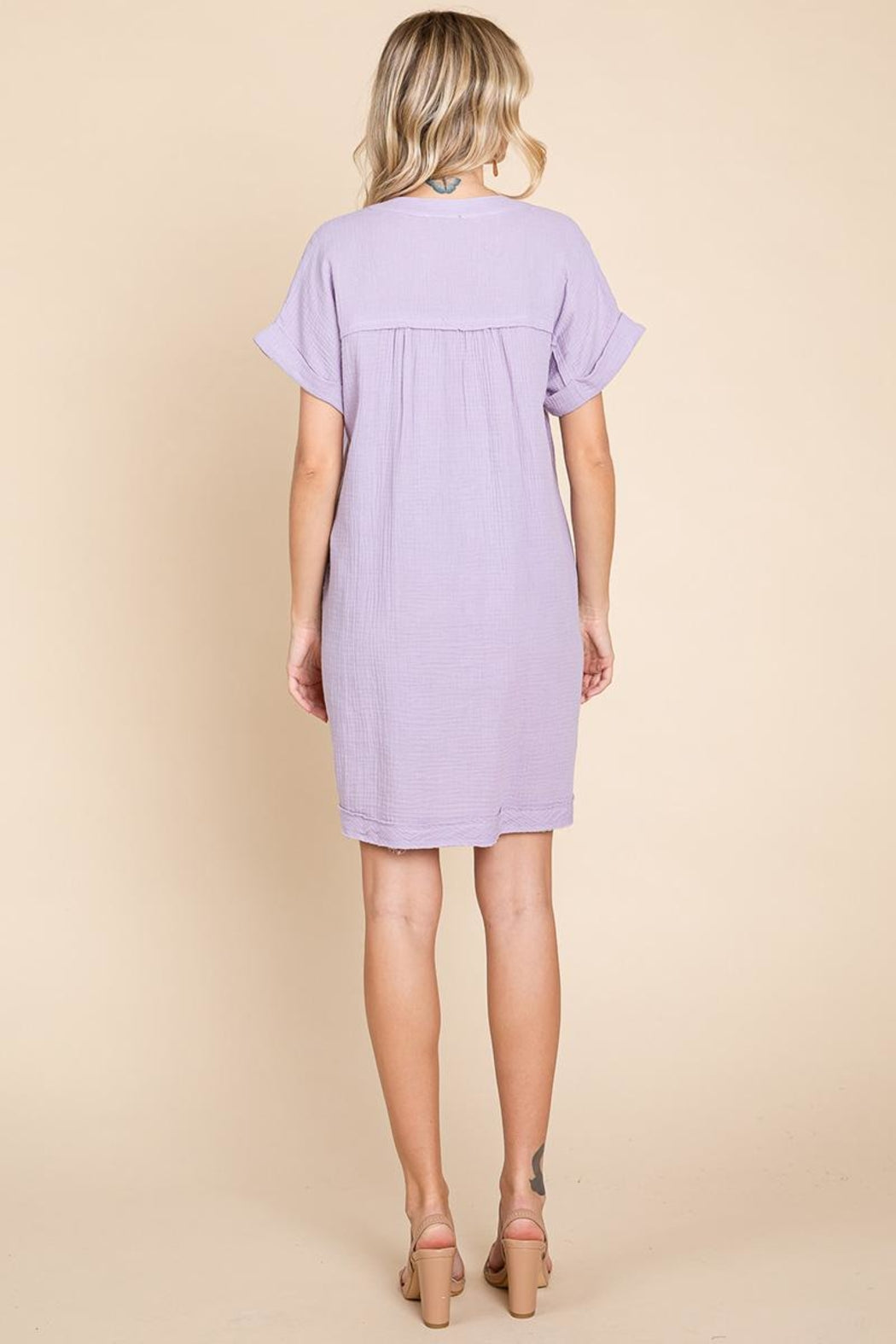 Plus Gauze Raw Edge V Neck Pocket Shift Mini Dress