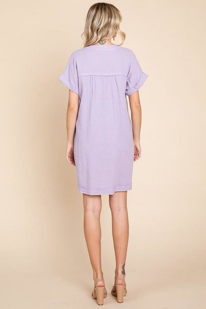 Plus Gauze Raw Edge V Neck Pocket Shift Mini Dress