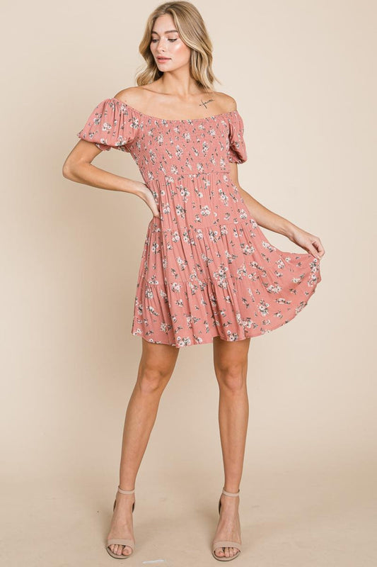 Puff Sleeve Smocked Off The Shoulder Tiered Dress