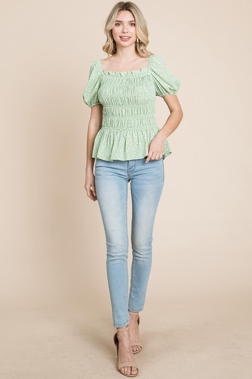 Ruched Floral Off The Shoulder Smocked Blouse