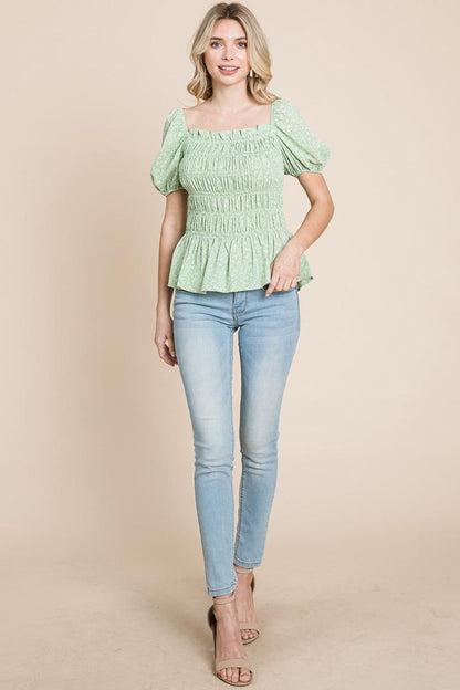 Ruched Floral Off The Shoulder Smocked Blouse