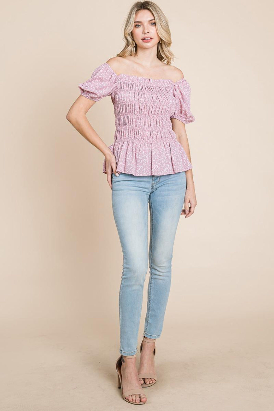 Ruched Floral Off The Shoulder Smocked Blouse