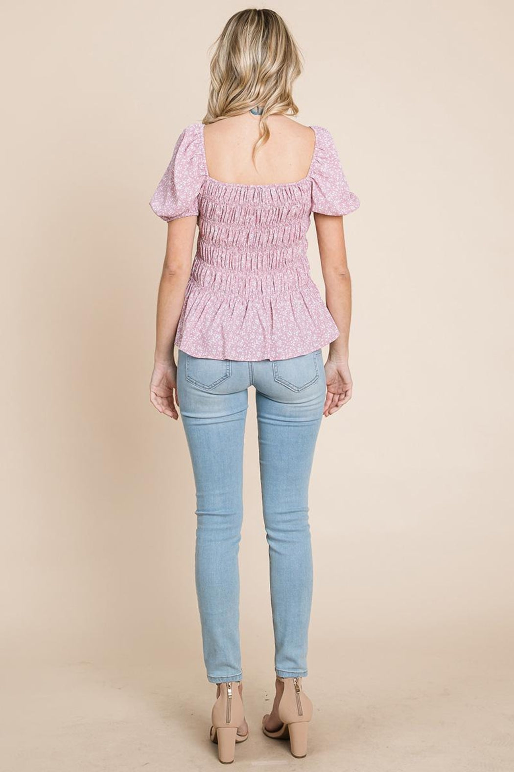 Ruched Floral Off The Shoulder Smocked Blouse