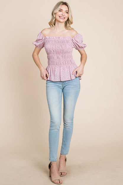 Ruched Floral Off The Shoulder Smocked Blouse