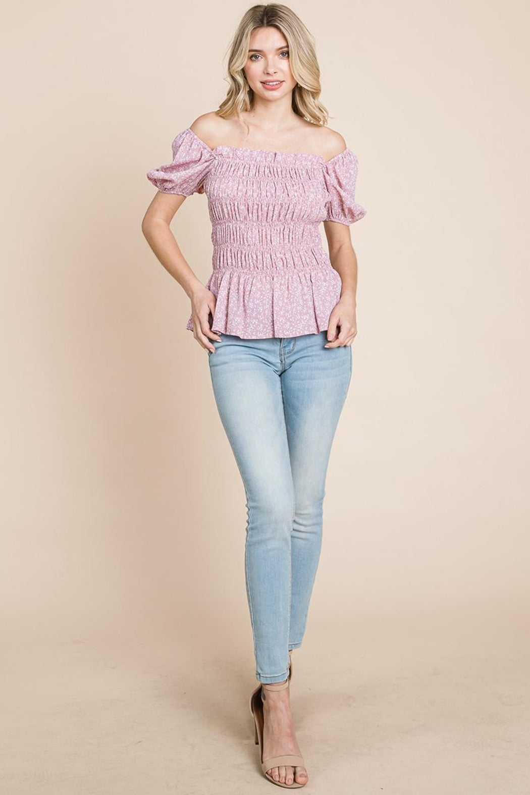 Ruched Floral Off The Shoulder Smocked Blouse