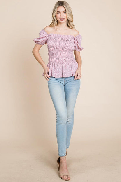 Ruched Floral Off The Shoulder Smocked Blouse