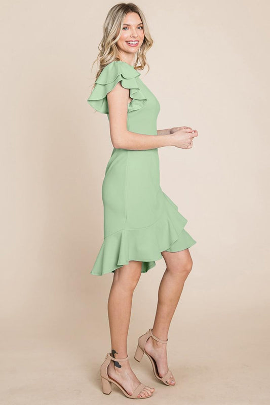 Ruffle One Shoulder Asymmetrical Hem Dress