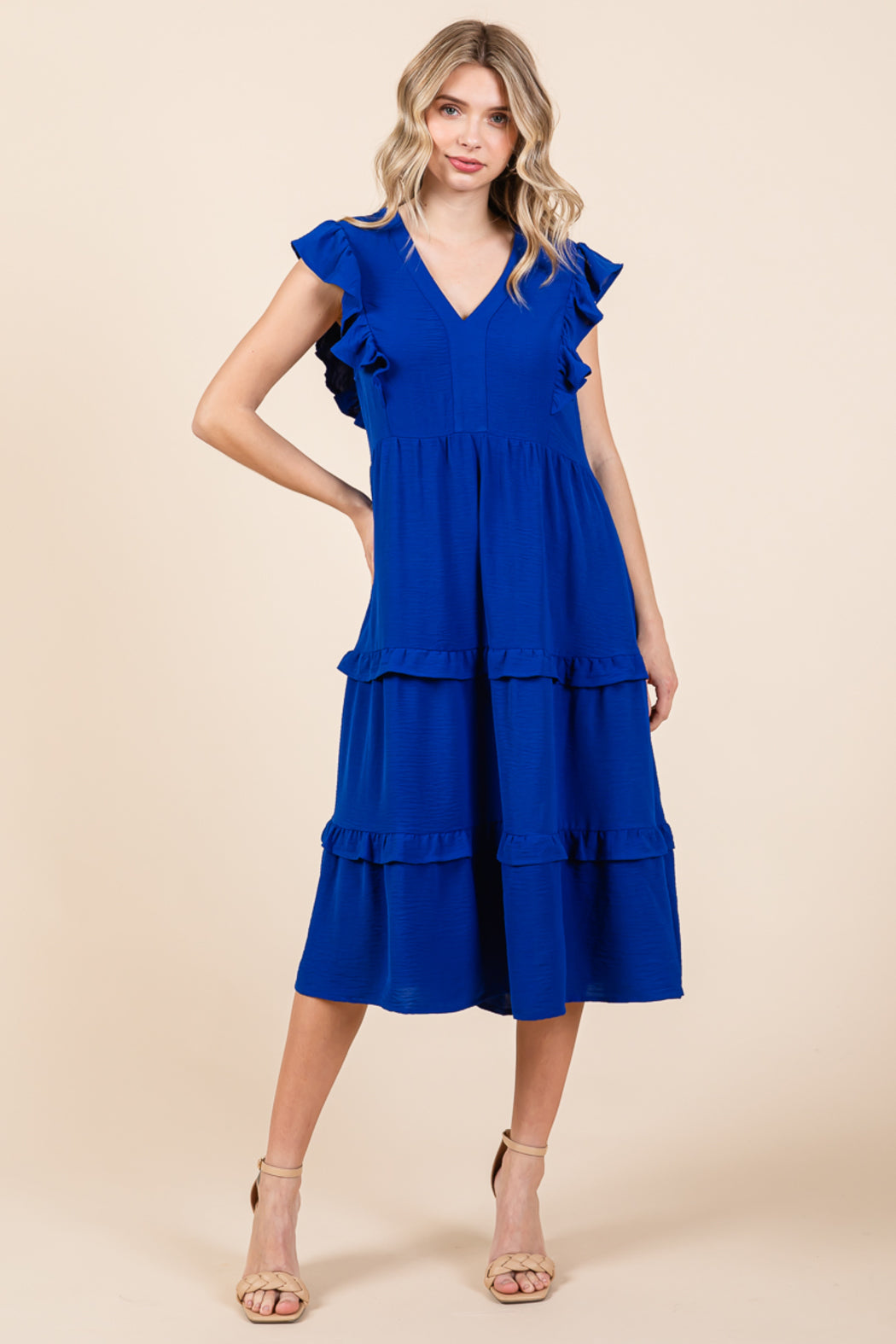 Ruffled Cap Sleeve Tiered V Neck Midi Dress