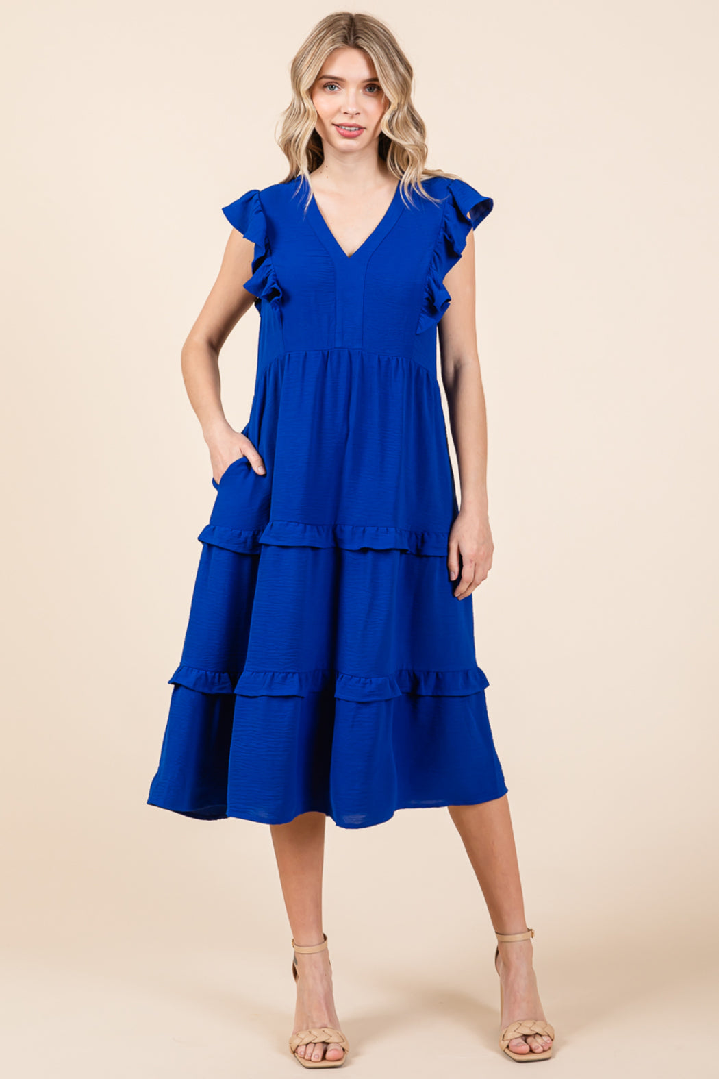 Ruffled Cap Sleeve Tiered V Neck Midi Dress