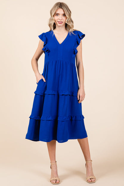 Ruffled Cap Sleeve Tiered V Neck Midi Dress