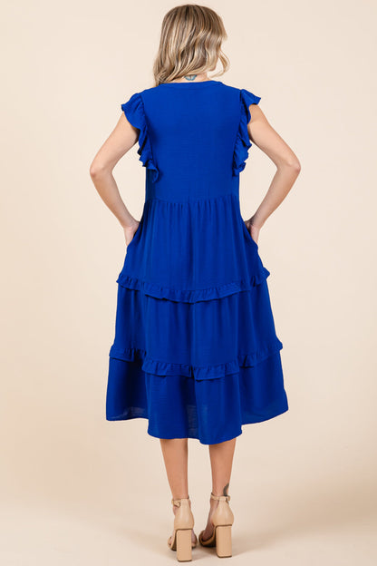 Ruffled Cap Sleeve Tiered V Neck Midi Dress