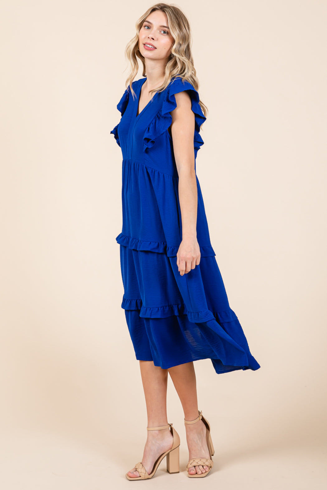 Ruffled Cap Sleeve Tiered V Neck Midi Dress