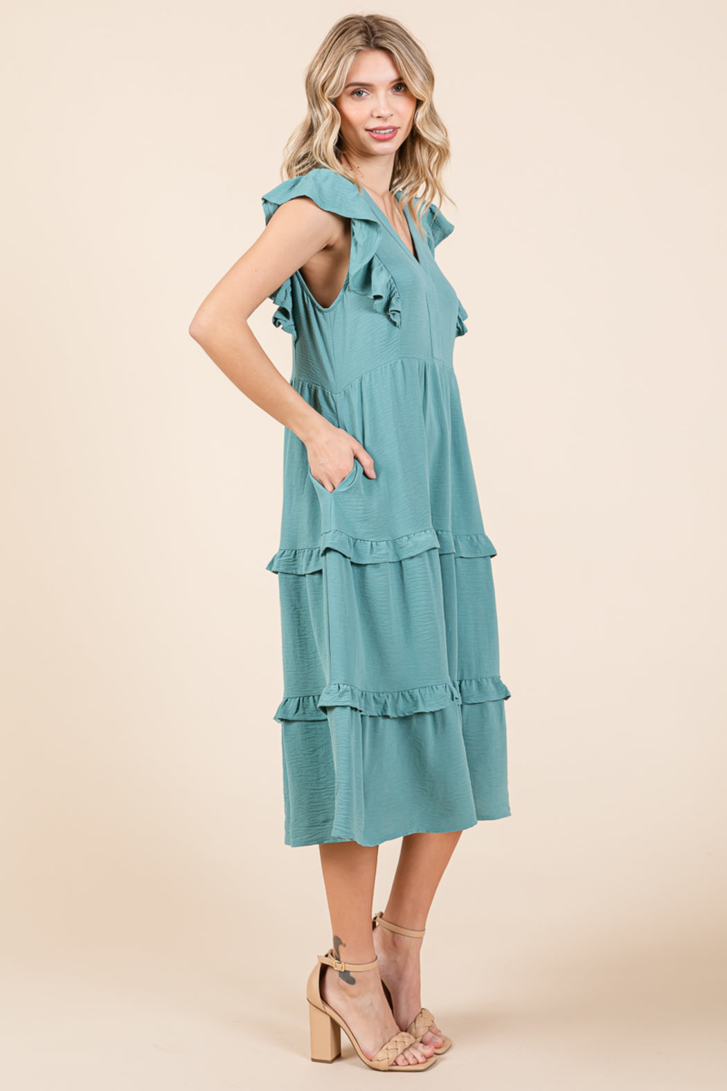Ruffled Cap Sleeve Tiered V Neck Midi Dress