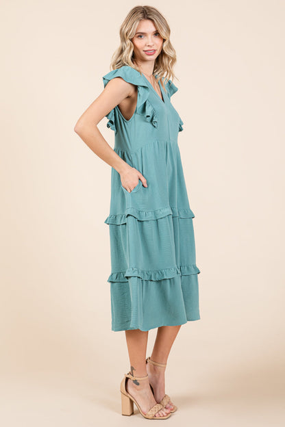 Ruffled Cap Sleeve Tiered V Neck Midi Dress