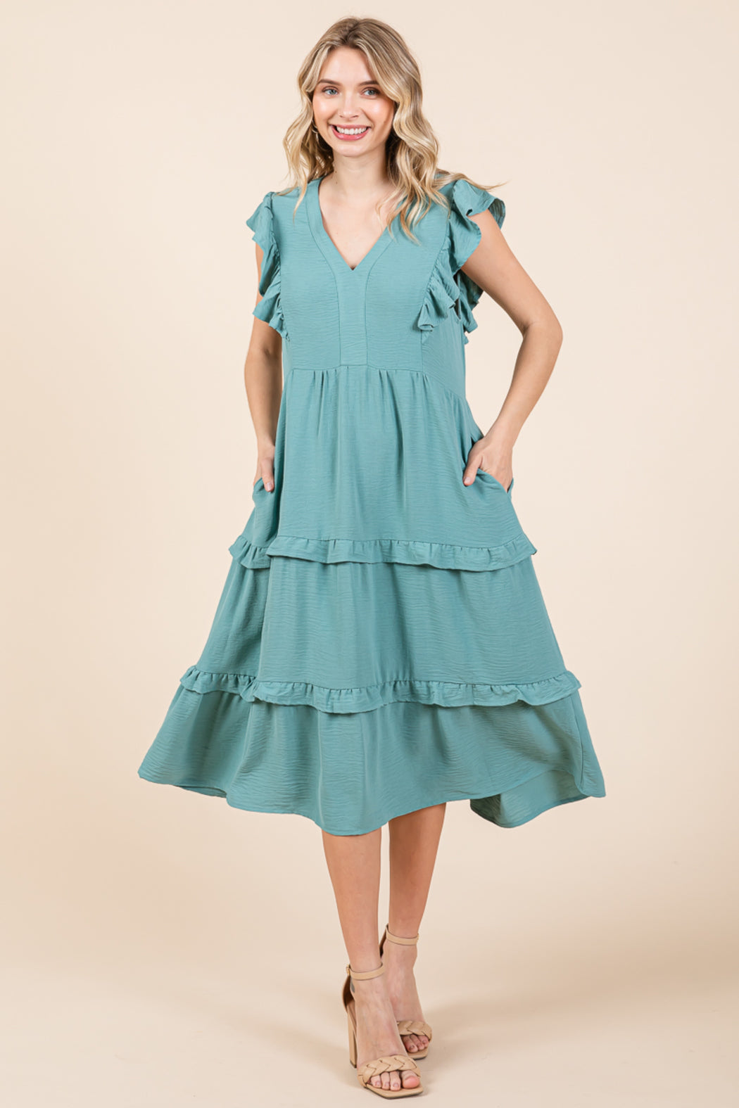 Ruffled Cap Sleeve Tiered V Neck Midi Dress