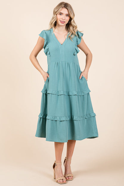 Ruffled Cap Sleeve Tiered V Neck Midi Dress