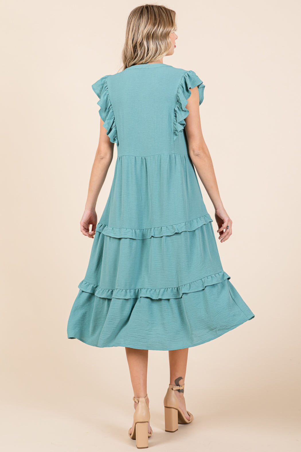 Ruffled Cap Sleeve Tiered V Neck Midi Dress