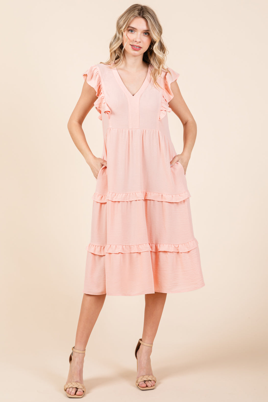Ruffled Cap Sleeve Tiered V Neck Midi Dress