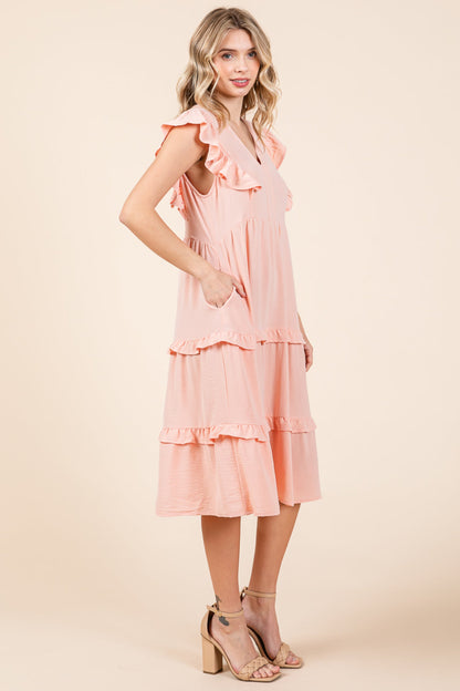 Ruffled Cap Sleeve Tiered V Neck Midi Dress