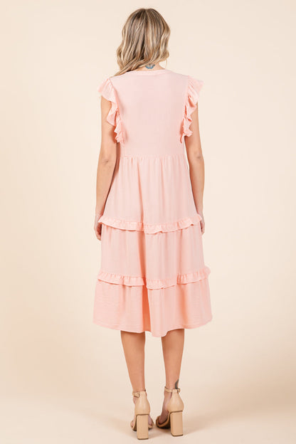 Ruffled Cap Sleeve Tiered V Neck Midi Dress