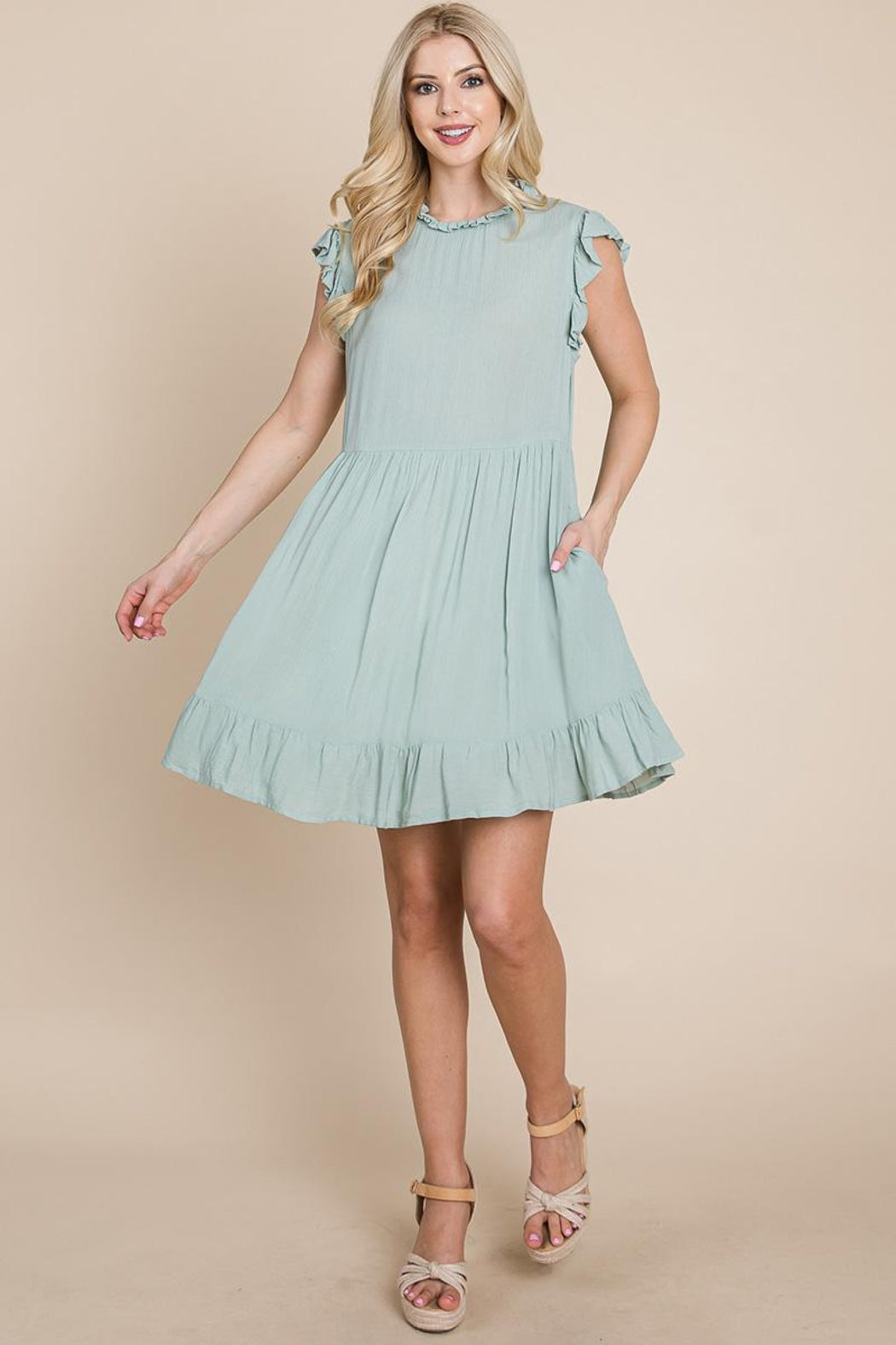 Ruffled Sleeveless Babydoll Dress With Pockets