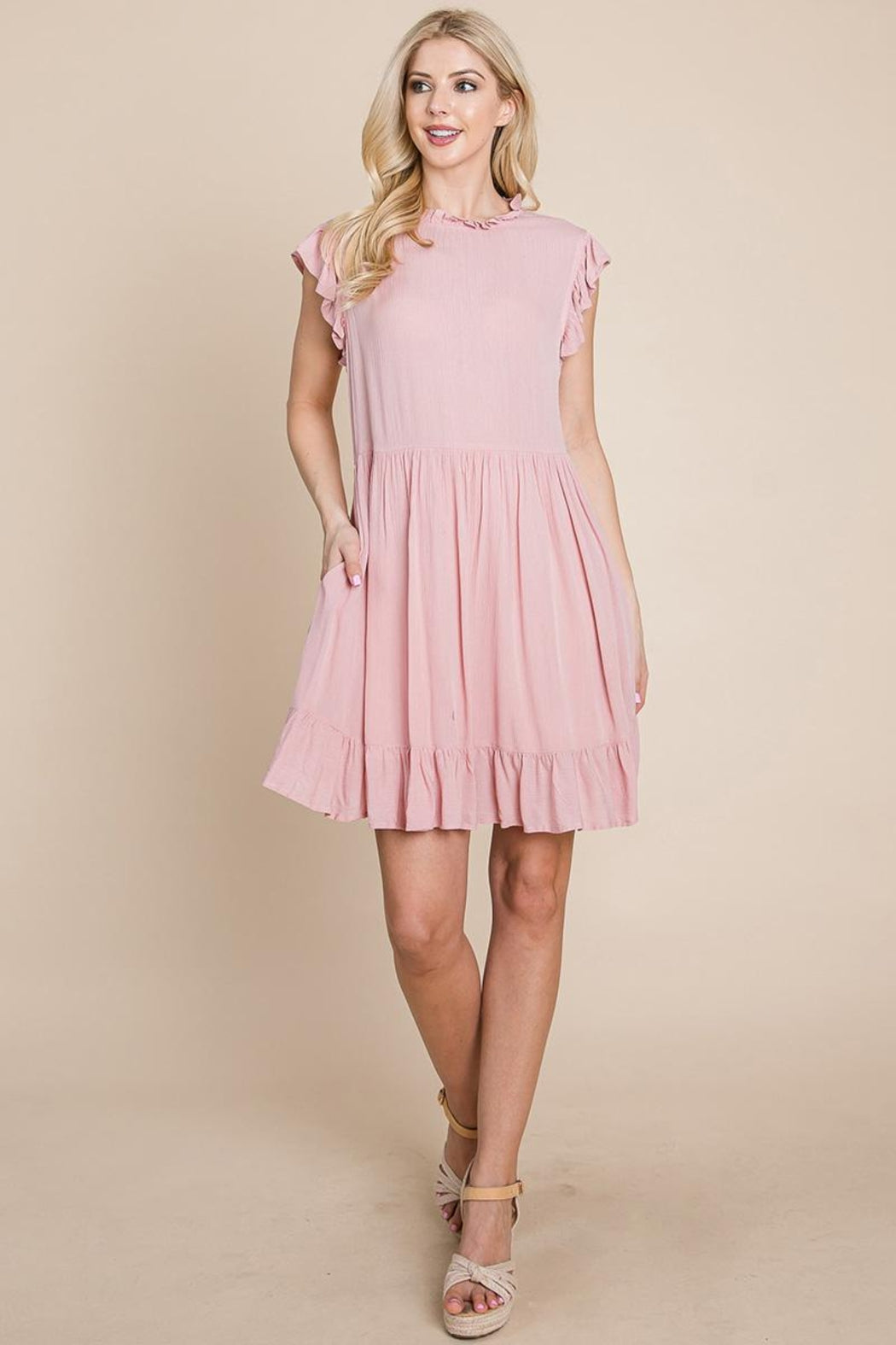 Ruffled Sleeveless Babydoll Dress With Pockets