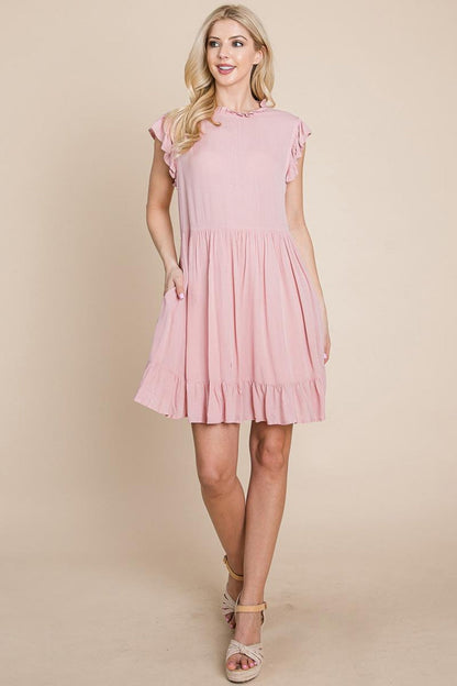 Ruffled Sleeveless Babydoll Dress With Pockets