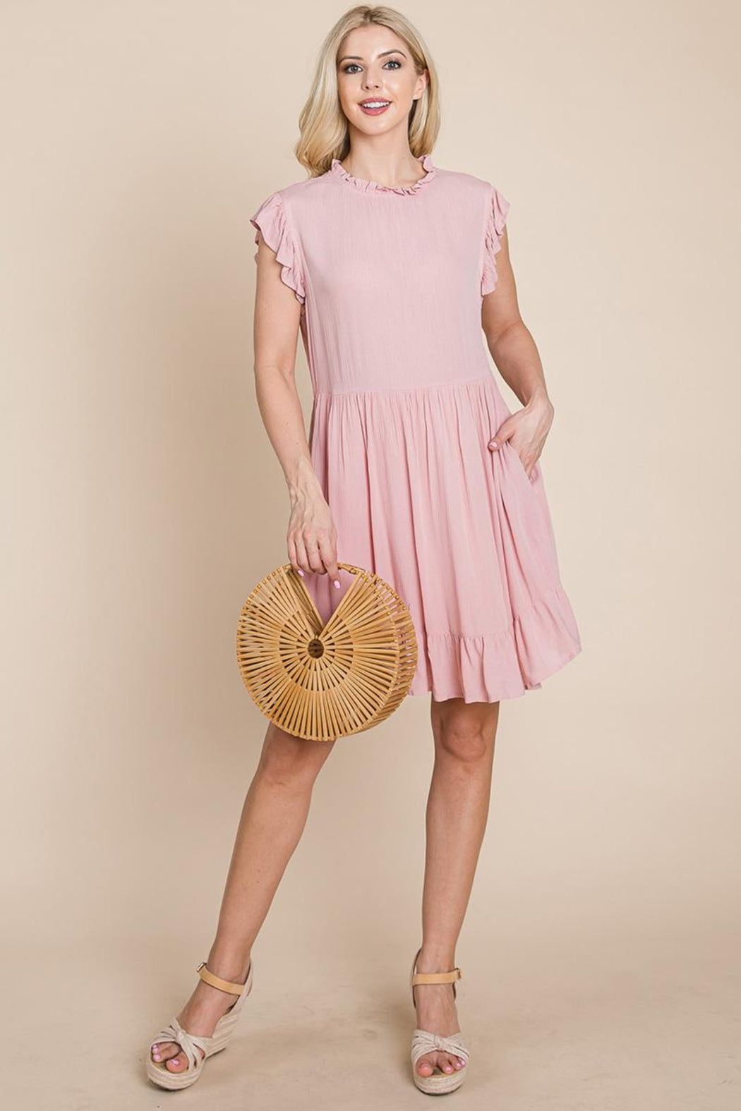 Ruffled Sleeveless Babydoll Dress With Pockets